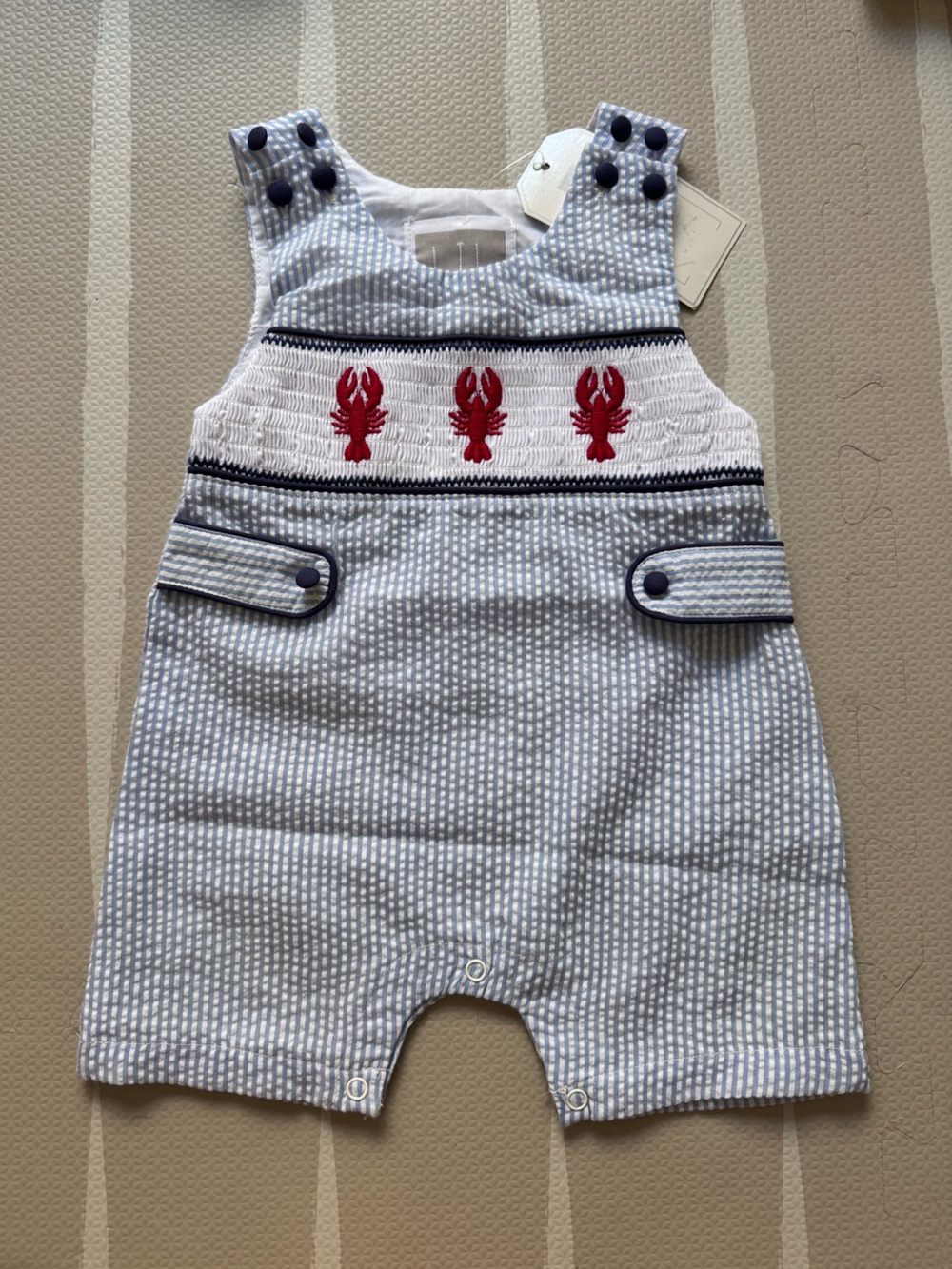 Lil Cactus Seersucker Lobster Embroidered Overalls